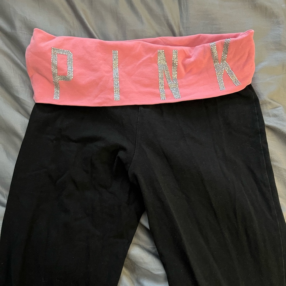 PINK Victoria's Secret Black Leggings with Pink Waistband